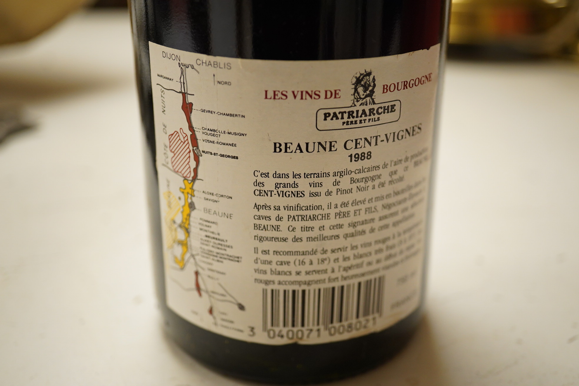 A crate of six bottles of Beaune Cent-Vignes 1988 Patriarche. Condition - unknown storage